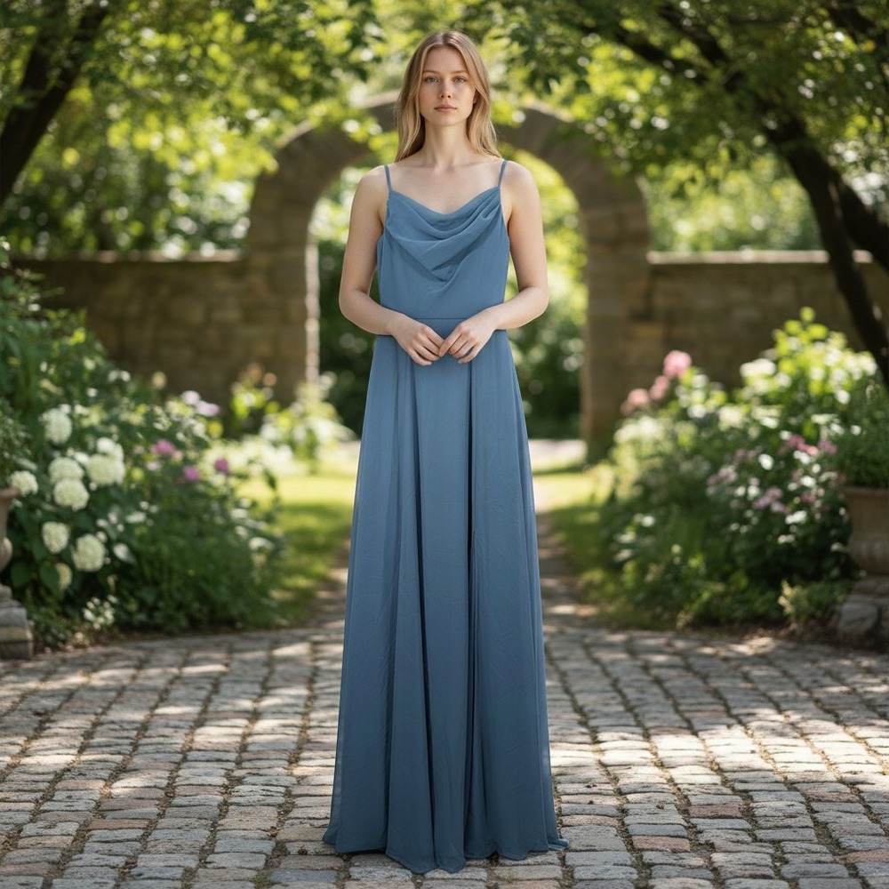 DB Studio Celebrate Gown Women 0 Blue Cowl Neck Chiffon Formal Maxi Dress
